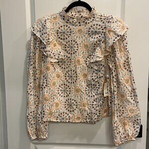 2/$28 💥🆕 A.N.A Mosaic Tan Cream Ruffle Long Sleeve Top Blouse | Small | 4147